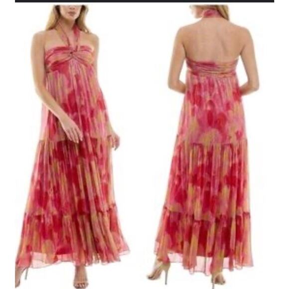 Violet Weekend Shimmer Red Pink Tiered Maxi Dress Sunset Pineapple 3/4 NWT - Picture 2 of 5